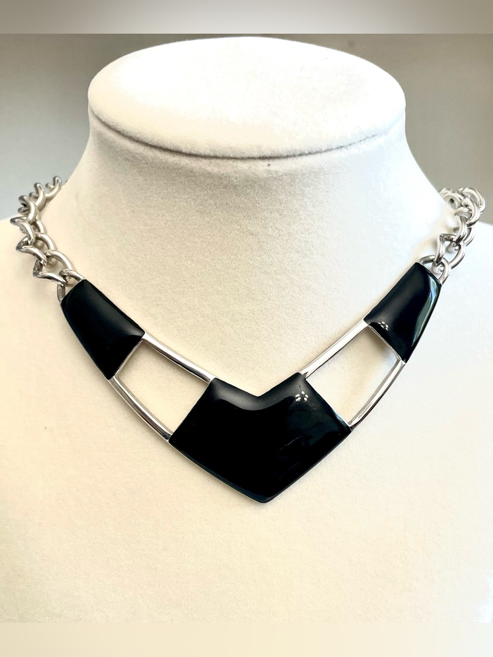 MONET Vintage Glossy Black Enamel Silver Geometric Bib Necklace Statement Choker
